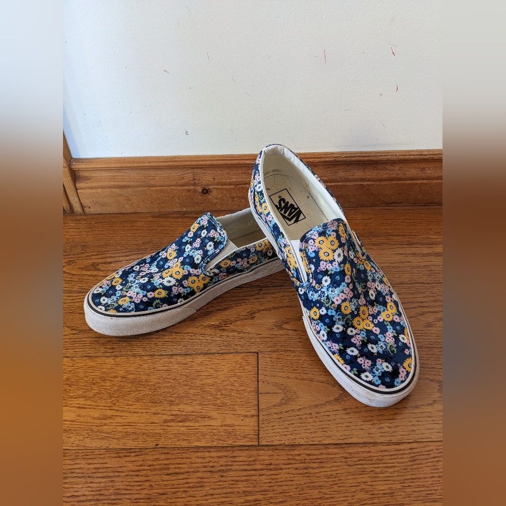 Vans Floral Slip-On Flats - Blue and Yellow
